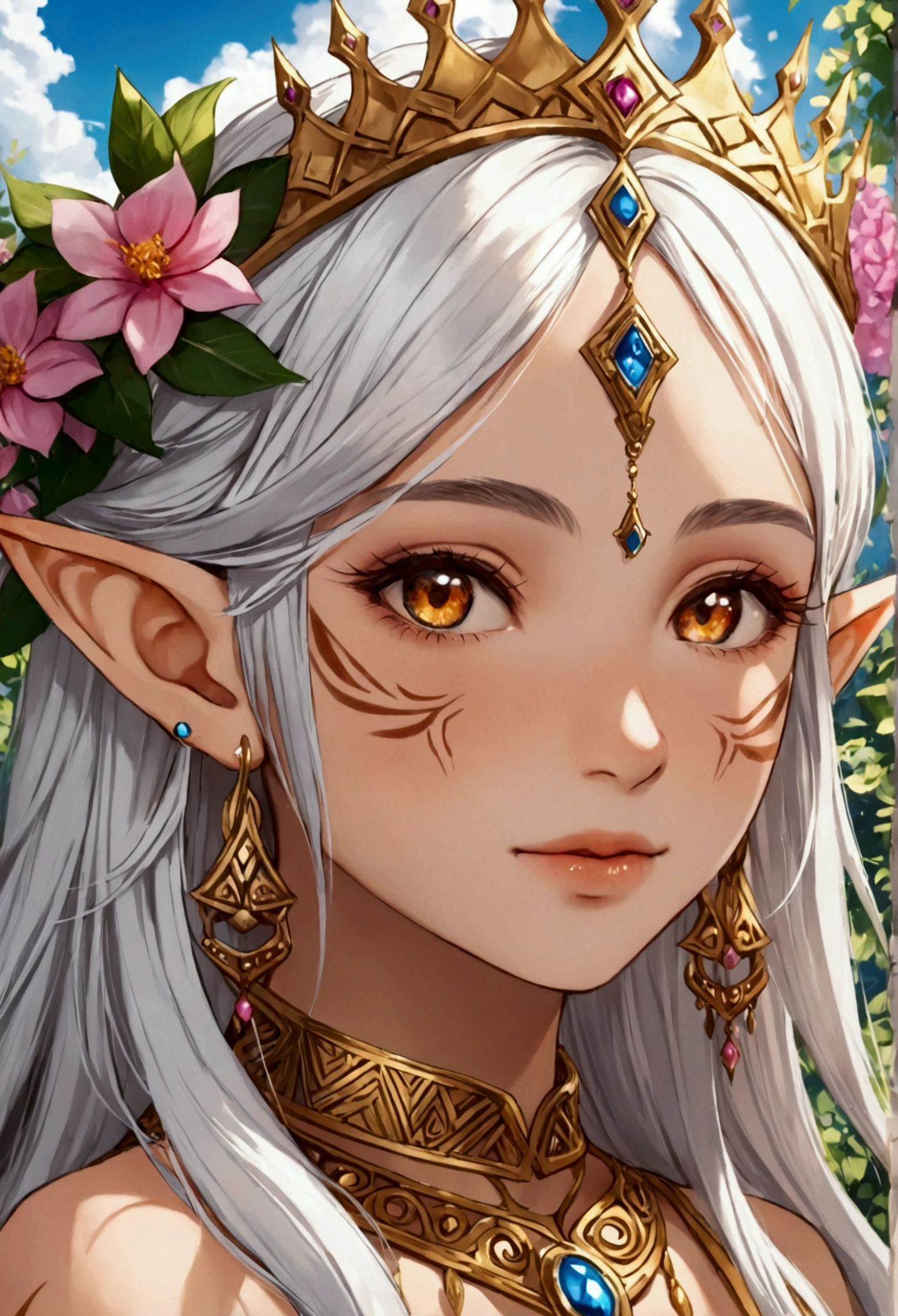 ((best quality))) (((HD))) (((8k))) (character) 20-year-old girl, ((adventurous)) elf, ((beautiful)) and ((happy)), ((white hair)) and ((long hair)) very close up on face, gold tribal marks on face, wearing giant crown of flowers, ((gold septum peircing)) ((gold earrings)) tip of ear pierced.  ((Enchanting))