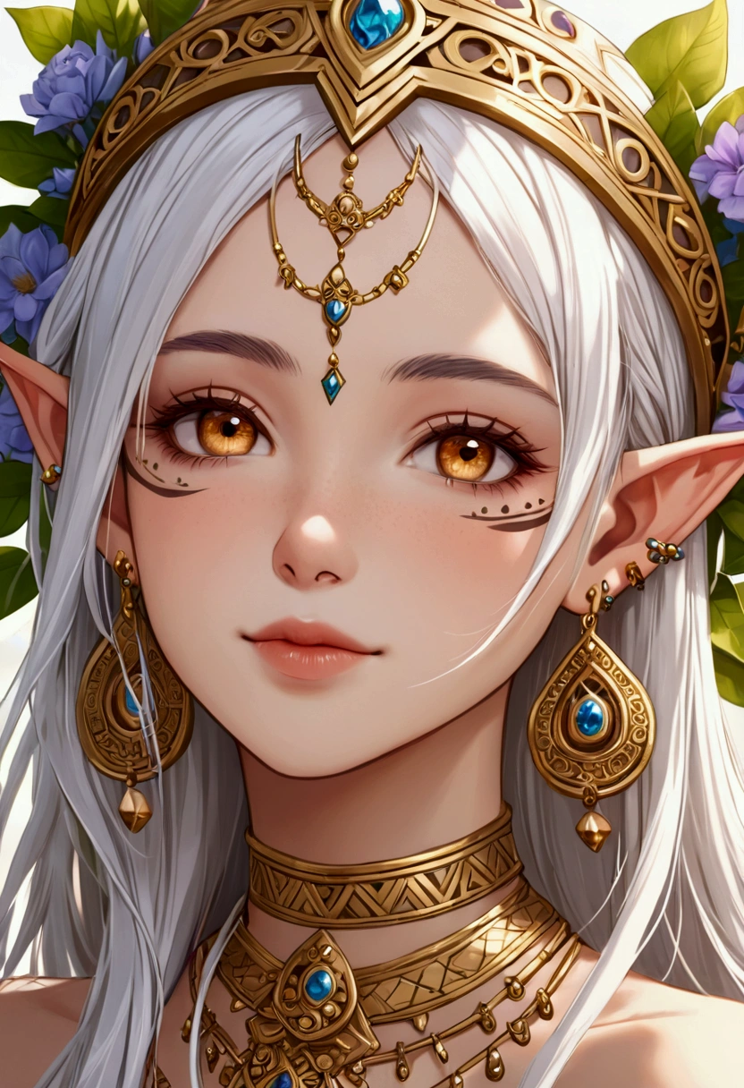 ((best quality))) (((HD))) (((8k))) (character) 20-year-old girl, ((adventurous)) elf, ((beautiful)) and ((happy)), ((white hair)) and ((long hair)) very close up on face, gold tribal marks on face, wearing giant crown of flowers, ((gold septum peircing)) ((gold earrings)) tip of ear pierced.  ((Enchanting))