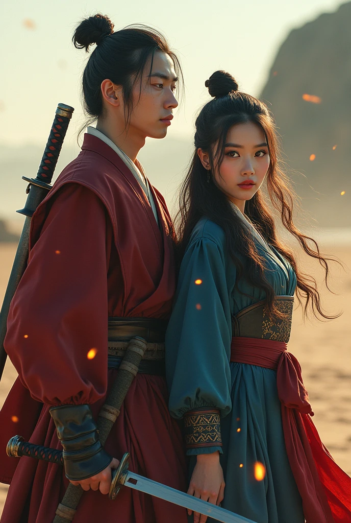 professional photo, portrait of a handsome 19 year old Korean man with hair in a bun, wearing a sninobi costume complete with red eyes on the right side and blue on the left side standing with a sharp gaze, behind his back is a katana sword, standing with a beautiful haired woman Long flowing, charming face with luscious red lips, beautiful eyes with the same color, wearing the same costume, hakama, kyahan and tabi. Complete with an iron-armor shield without any part of the head, loose hair flying in the gentle breeze, the beautiful woman smiled. sincerely with one hand holding the man's shoulder, the background is a barren field with a high hill behind them, the picture is very realistic, with the effects of sparks and wind and flying dust, the picture has a slight 3-dimensional touch, very interesting, picture the extraordinary, the cinematic, the photographic