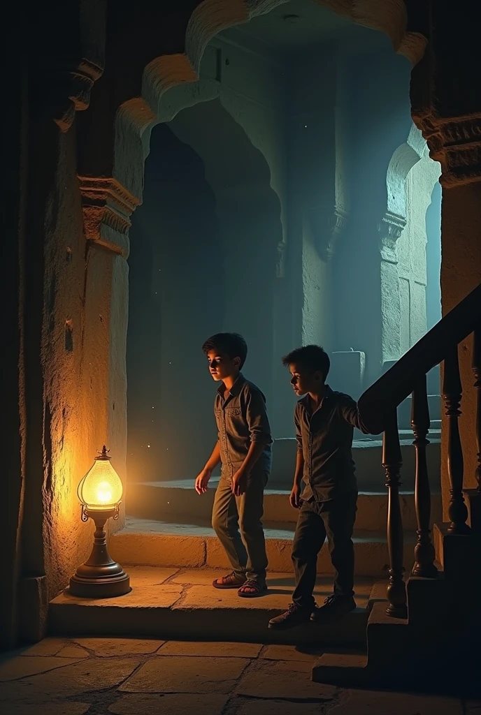 [Scene 3: The Glowing Lamp Inside the Haveli]
Prompt: A mysterious, ancient lamp glowing faintly in a dark corner of the haveli. The light casts long shadows on the walls, creating an eerie yet intriguing scene. Ahmed and Farhan are standing nearby, with Farhan looking scared and Ahmed appearing curious and excited