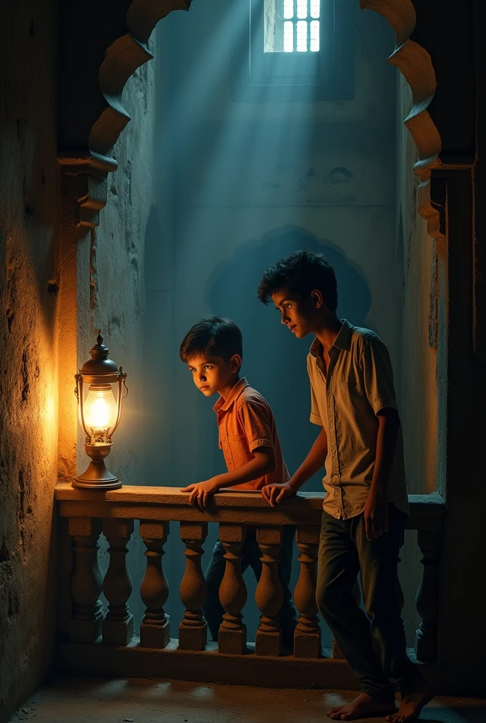 [Scene 3: The Glowing Lamp Inside the Haveli]
Prompt: A mysterious, ancient lamp glowing faintly in a dark corner of the haveli. The light casts long shadows on the walls, creating an eerie yet intriguing scene. Ahmed and Farhan are standing nearby, with Farhan looking scared and Ahmed appearing curious and excited