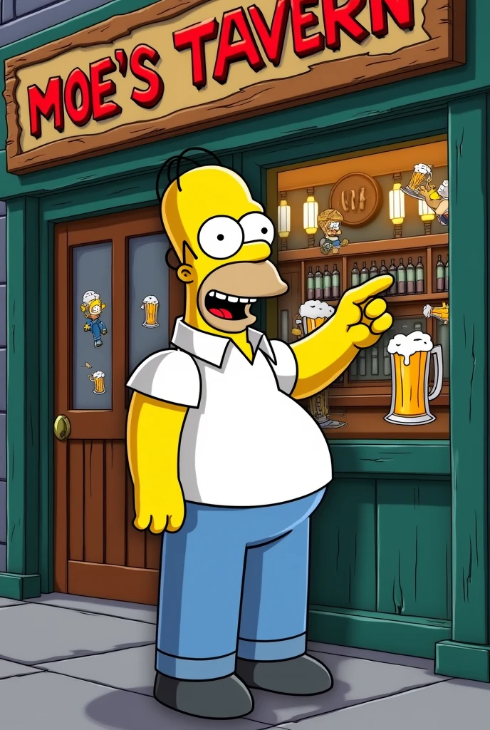 Homer Simpson pointing at Moe&#39;s bar