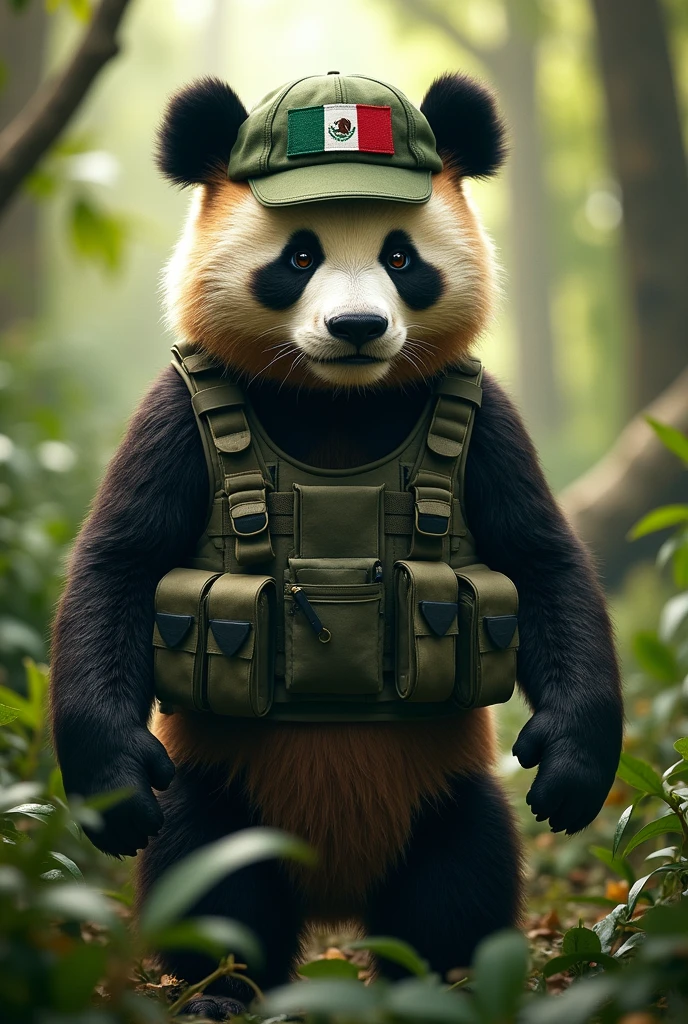 Image of a panda bear in life action with a bad face dressed as a special forces soldier with a green beret and the Mexican flag