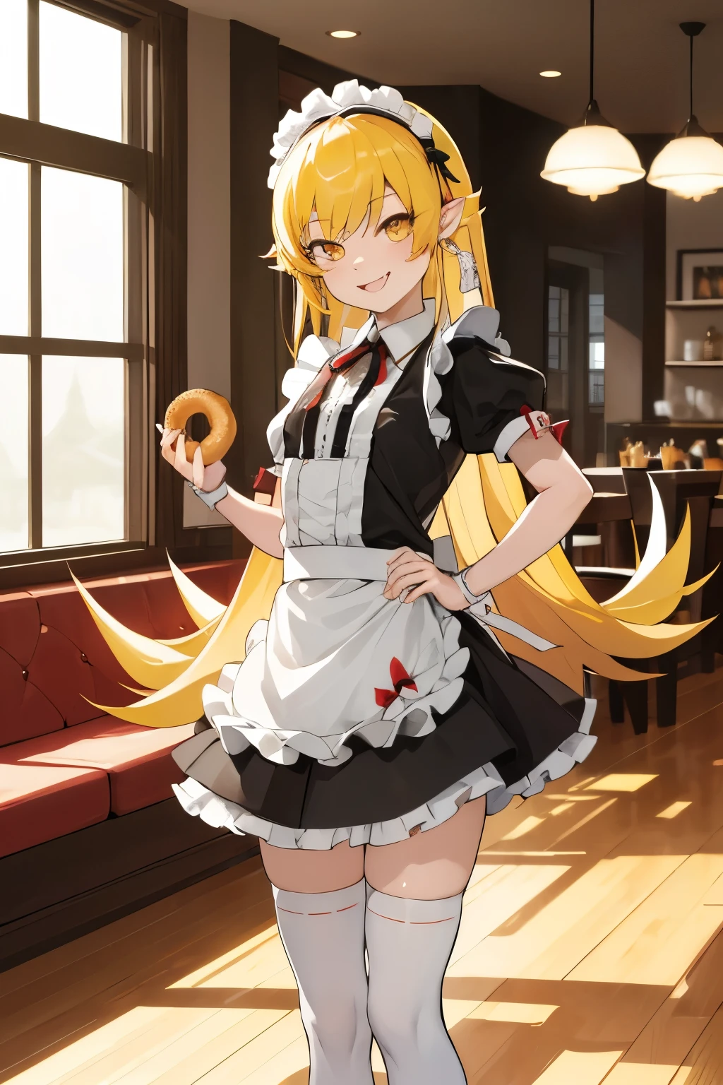 masterpiece, best quality, highres, aashinobu, aged down, long hair, pointy ears, maid headdress, mini-skirt maid, standing, lace stockings, black pumps, holding donut, cowboy shot, smile, fang, indoors, restaurant