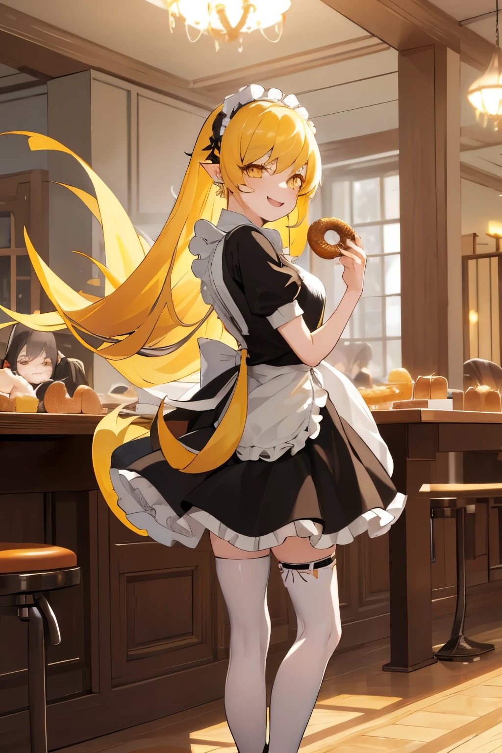 masterpiece, best quality, highres, aashinobu, aged down, long hair, pointy ears, maid headdress, mini-skirt maid, standing, lace stockings, black pumps, holding donut, cowboy shot, smile, fang, indoors, restaurant