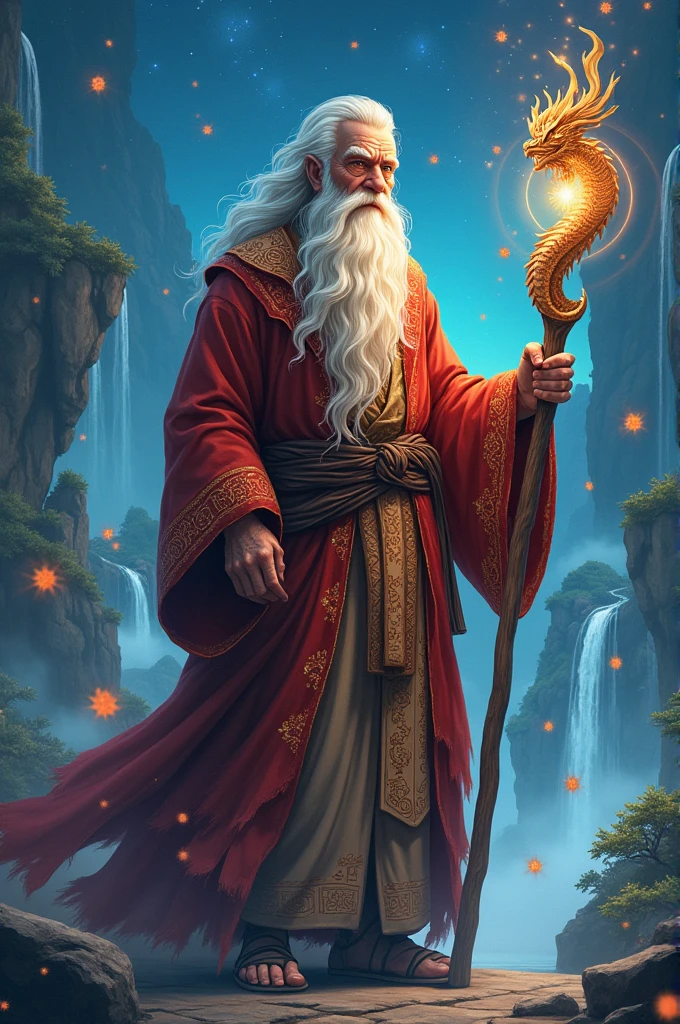 Create a 1000 year old man with walking stick with dragon details and magic anime version 