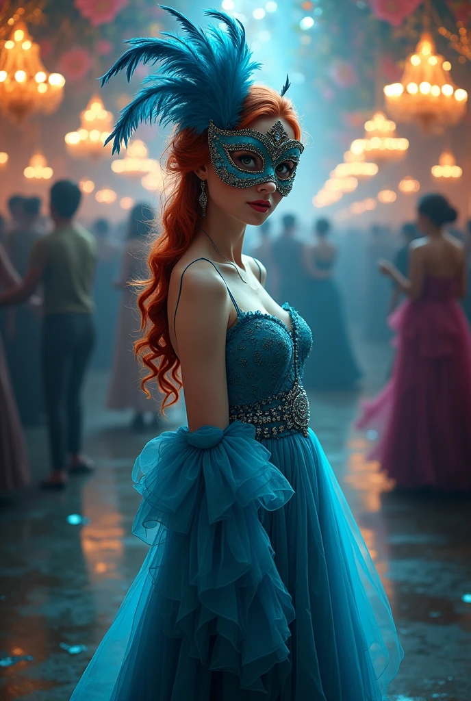 Redhead woman with long blue pen dress and mask ,fully body 