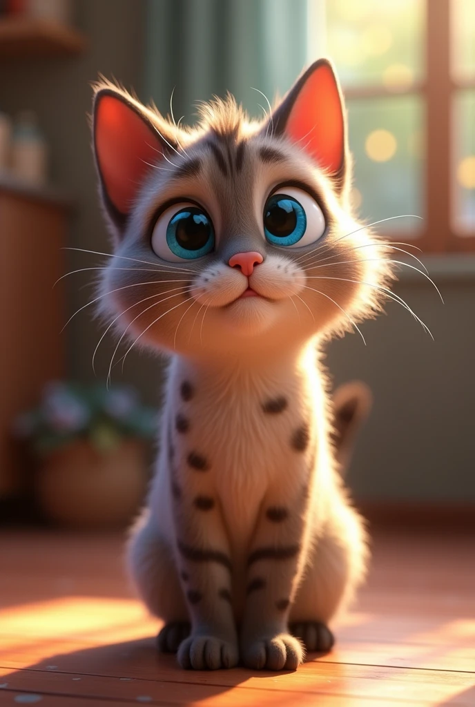 cat character, female, blue colored eyes, grown-up, grayish beige fur, with brown spots, Dark brown legs,  small, dark ears, overweight, animation character, stylized character, animation style rendering, 3d stylized, Arnold Maya rendering, Stylized 3D rendering, toon render screenshot, 3d character, 3d character, Stylized 3D rendering, 3D character rendering, cartoon character, Personagem de close up, character posing,  (Pixar-style) (master part:1.2) (bokeh) (best quality) (skin detailed) (detailed texture) (8k) (Argilla) (cinematic lighting) (sharp focus