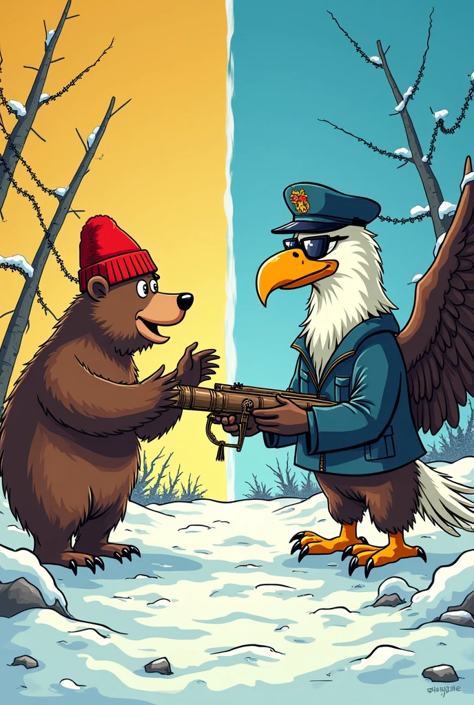 Create a cartoon about the Cold War, without having writings or symbols 

