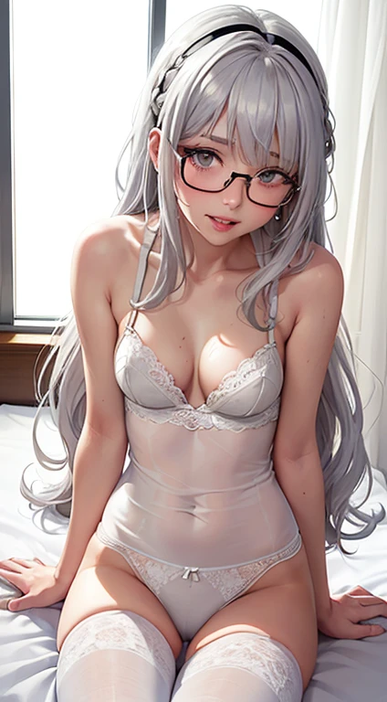 1Girl, 25 years old, Solo, Anime, Ideal body, (Cleavage, (Small breast:1.2), (Hard nipples). Beautiful, Gorgeous, Fresh, Flesh, Blunt Bangs, (White Grey Hair:1.5),(Straight and Wavy Long Hair:1.3), (Lingerie:1.2), (Cotton:1.2), casual dress, camisoles, cotton texture, laced cloth, stocking, pantyhose, Off-Shoulder, Oversize, Comfort, Loose shirt, Fabric Texture. (Siting on bed:1.3). Earrings, Eye Glasses, Thin Black Headband, Green Accessories, Environmental Details, Bed Room, Natural Light, Modern Bed, Chair, Window, White Curtain, City View. pov, anime style, UHD, retina, masterpiece, accurate, anatomically correct, textured skin. High Resolution, Looking at the viewer, Blush, Best Quality, Award Winning, Accurate, Embarrassed, seductive smile, sweating, Naughty Face, Chin up, lips open, Gradient Eye Color, Sexy Pose. In the top view shot, the body is bent to the viewer, in front of a camera, looking up to the viewer, tongue out. From Above, (sticky goo on breast), (goo on body), (sweating).