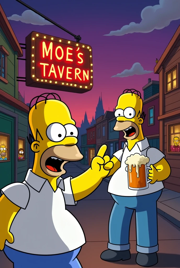 Homer Simpson pointing at Moe&#39;s bar