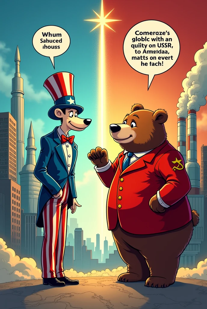 Create a cartoon about the Cold War, containing ideologies of the USA and the USSR