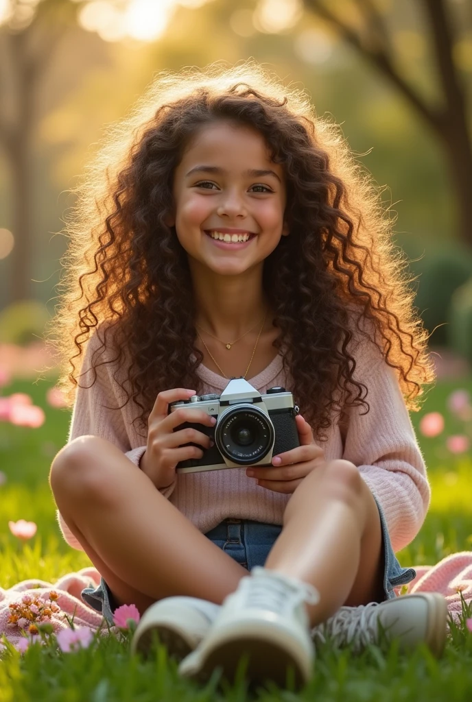 A brunette girl with curly hair and big breasts sits with her legs stretched out, taking a realistic photo