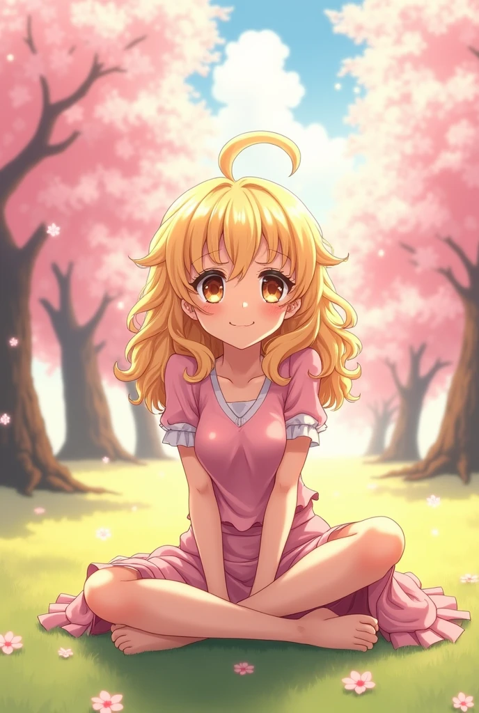 A blonde girl with curly hair, smile and big breasts sits with her legs stretched out. The panties are slightly visible from under the skirt. Anime. Embarrassed.