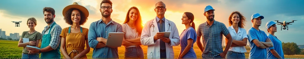 I created a banner with real people in 8k with professions like: teacher, farmer, chef, cattle rancher, doctor, janitor, Trader, Healthcare Worker, an image with a background that brings technology and current affairs that shows the diversity of professions.