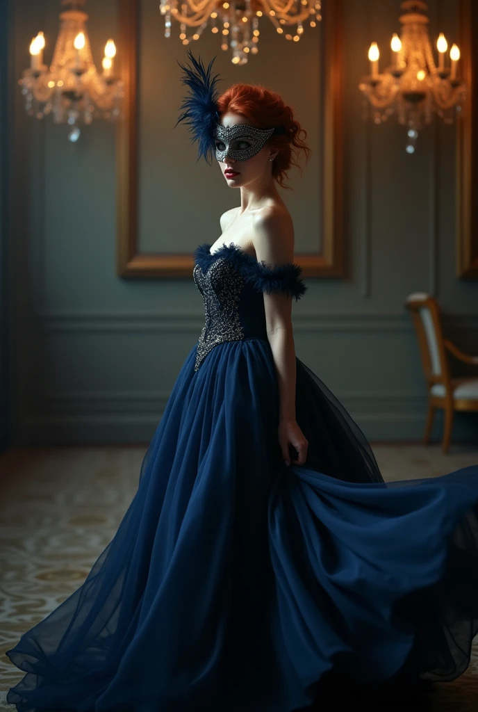 Redhead woman in long navy blue dress and mask ,fully body