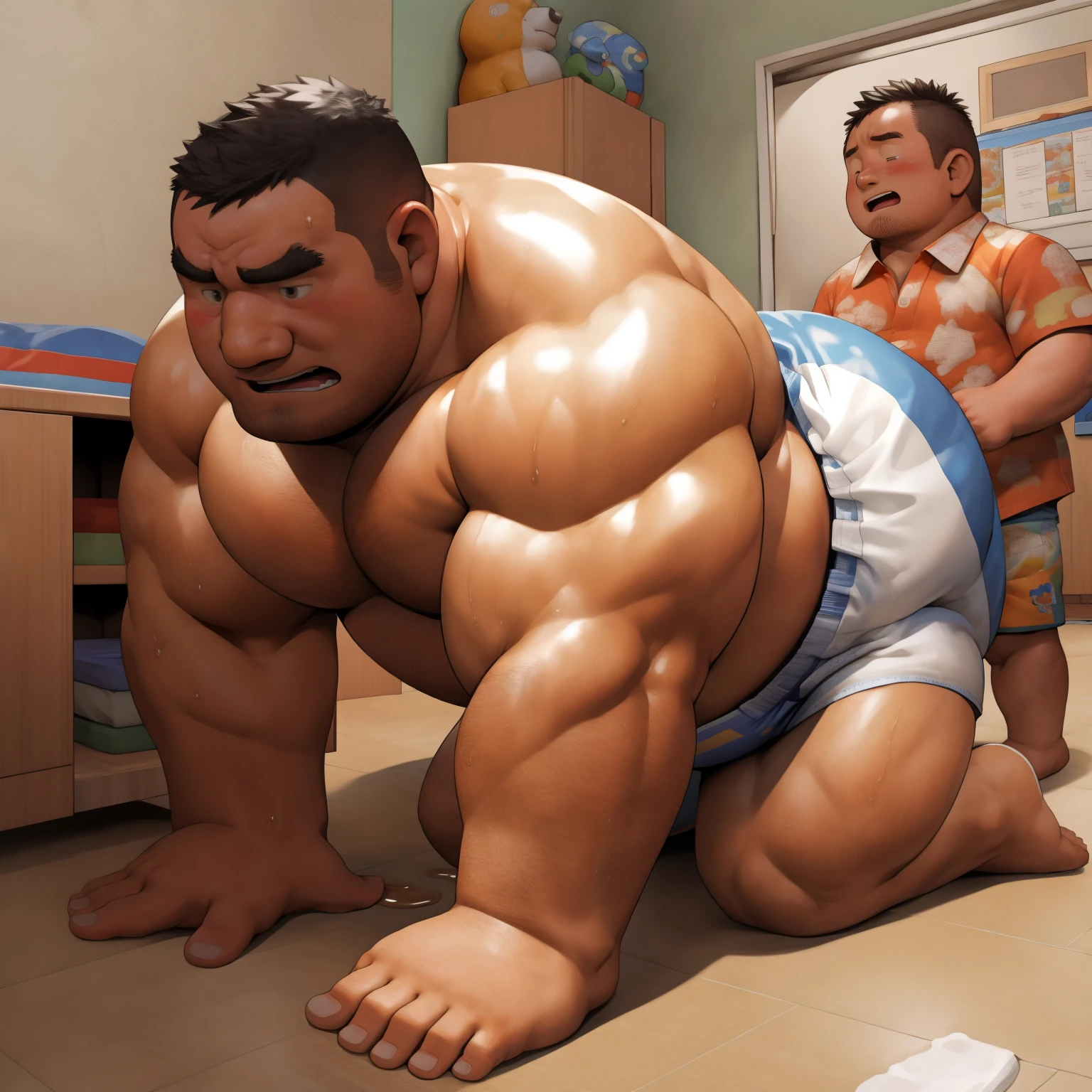 masterpiece, Top quality, in 32K, perfect anatomy, hyper detailed, super fine illustration, The thick man is a brutal prisoner, retarded, hairy human, 50yo in Japan, (fatness: 1.0), Fatty muscle, Bowleg, disappointment, incontinent, be diaper check by children, waddle, There is a small puddle under him, incontinent, Naked, short legs, Bowleg, spread legs, wear a White cloth Diaper, Bare belly, Bare legs, Bare foots, Bare soles, Shirtless, wide forehead and short thinning hair, Man with round face with stubble, Bare foots, Bare soles, shy, sissy, Weaker than children, Drool, Round face, steams, Solo, He enters nursery school and is despised by children, He surrounded by children, His bottom is wet, Bare foots, big butt, he is scolded by the children, White Diaper, He surrounded by children, sobbing, wear a White cloth Diaper, shirtless, There is a small puddle under him, He enters nursery school and is despised by children, big butt, sobbing, He crawling to go to children, on all fours, side view