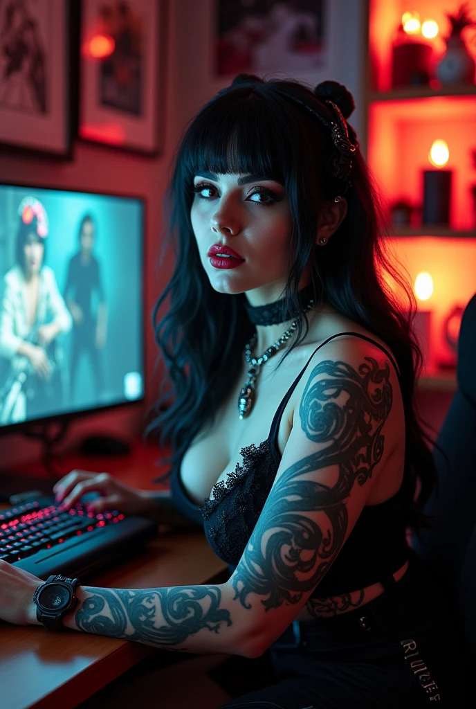 create a busty goth with bangs who plays lol