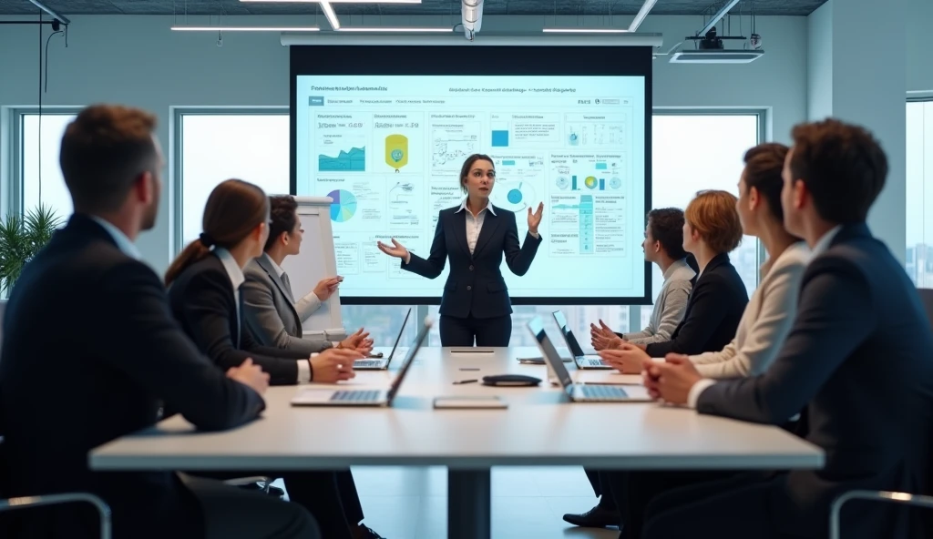 A photorealistic image of a strategic session in a modern European IT company. There are 10 participants, all dressed in casual attire, seated in a semicircle on office chairs in a contemporary conference room. Some are sitting while a few are standing. In the center, a beautiful 40-year-old female moderator is pointing at something on a flipchart. There are three other flipcharts in the room and a huge projector screen in the background, adding a professional and tech-savvy atmosphere to the session.