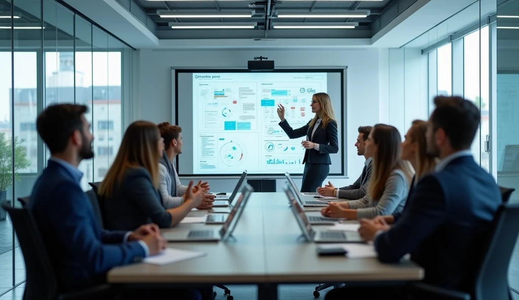 A photorealistic image of a strategic session in a modern European IT company. There are 10 participants, all dressed in casual attire, seated in a semicircle on office chairs in a contemporary conference room. Some are sitting while a few are standing. In the center, a beautiful 40-year-old female moderator is pointing at something on a flipchart. There are three other flipcharts in the room and a huge projector screen in the background, adding a professional and tech-savvy atmosphere to the session.