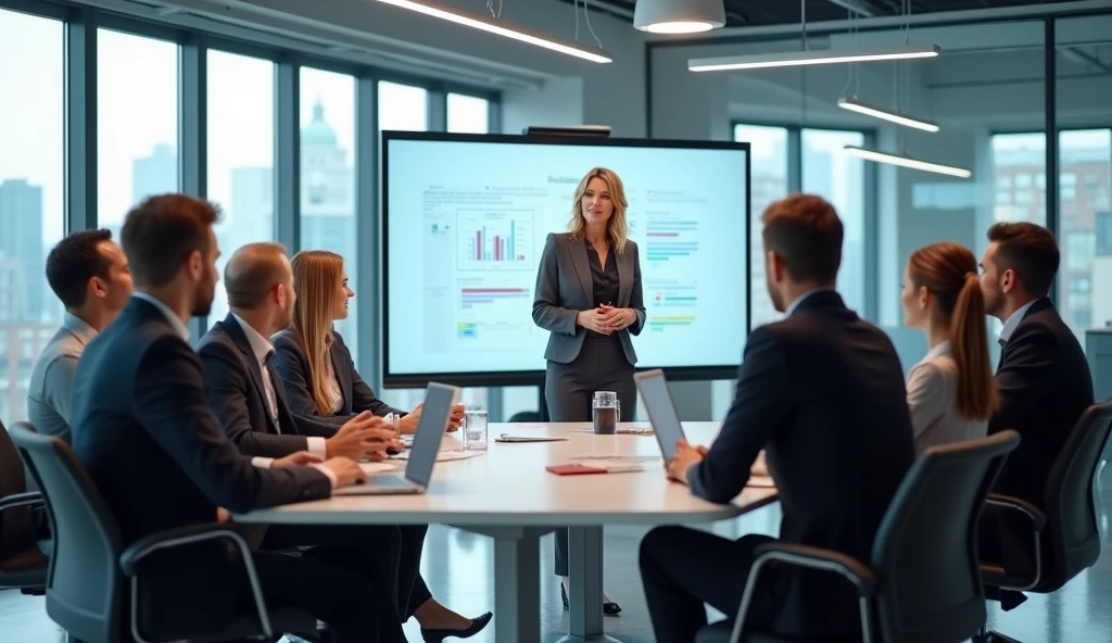 A photorealistic image of a strategic session in a modern European IT company. There are 10 participants, all dressed in casual attire, seated in a semicircle on office chairs in a contemporary conference room. Some are sitting while a few are standing. In the center, a beautiful 40-year-old female moderator is pointing at something on a flipchart. There are three other flipcharts in the room and a huge projector screen in the background, adding a professional and tech-savvy atmosphere to the session.