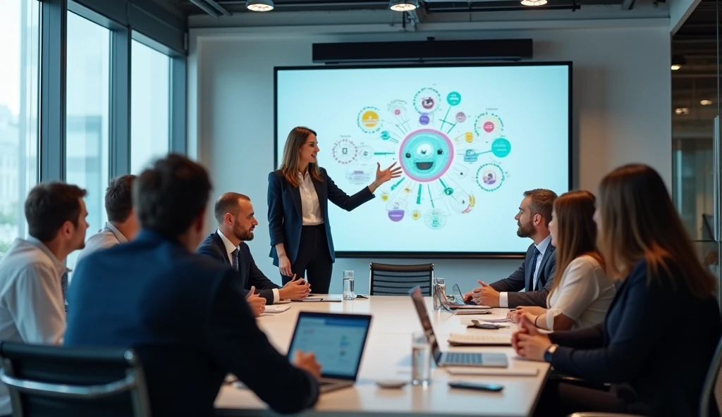 A photorealistic image of a strategic session in a modern European IT company. There are 10 participants, all dressed in casual attire, seated in a semicircle on office chairs in a contemporary conference room. Some are sitting while a few are standing. In the center, a beautiful 40-year-old female moderator is pointing at something on a flipchart. There are three other flipcharts in the room and a huge projector screen in the background, adding a professional and tech-savvy atmosphere to the session.