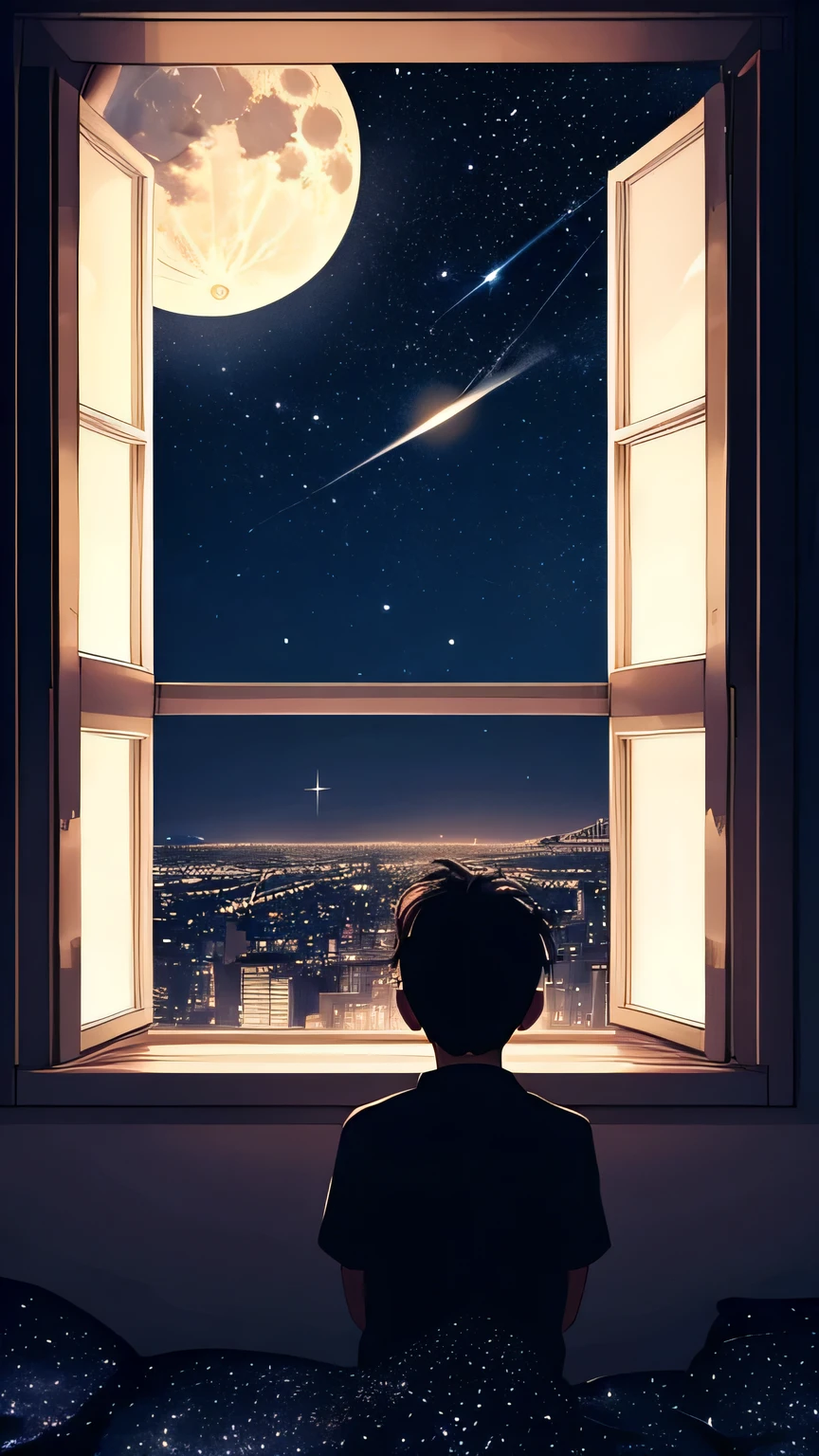 there is a boy looking out a window at the moon, night stary sky full of stars, bright moon, watching the stars, silhouette of a boy and his cat, window into sky behind them, looking at the stars, looking out, watching the stars at night, window to night time, view of a city 