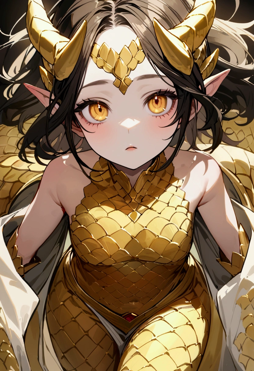 Niña de 4 años pelo negro ojos dorados En su frente lleva una cinta blanca con bordes de nubes a dragon tail covered in golden scales and small golden horns on the forehead.
a dragon tail covered in golden scales and small golden horns on the forehead. Around his eyes, Delicate golden scales highlight her intense look( sums it all up