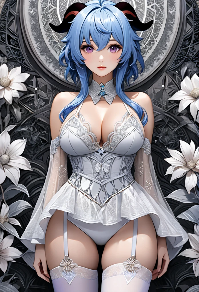 Ganyu, blue hair, purple eyes, gold details, genshin impact, absurdres, highres, ultra detailed, ultra-detailed background, detailed background, extremly detailed, 1girl,bunch of flowers, (zentangle:1.2), (geometric:1.2), black and white color palette, monochromatic, , cleavage, s lingerie, realistic depiction, portrait, close up, straight on, standing, contrapposto, thick thighs, thigh highs,