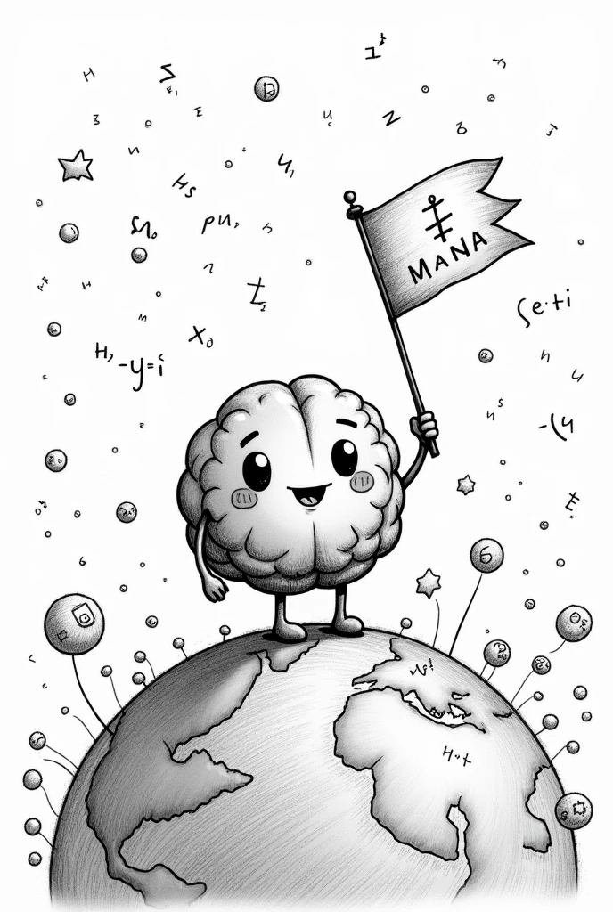 Create a black and white drawing with bhaskara formulas behind, with a chibi-style brain stepping on a flat earth, holding a flag as if he were colonizing