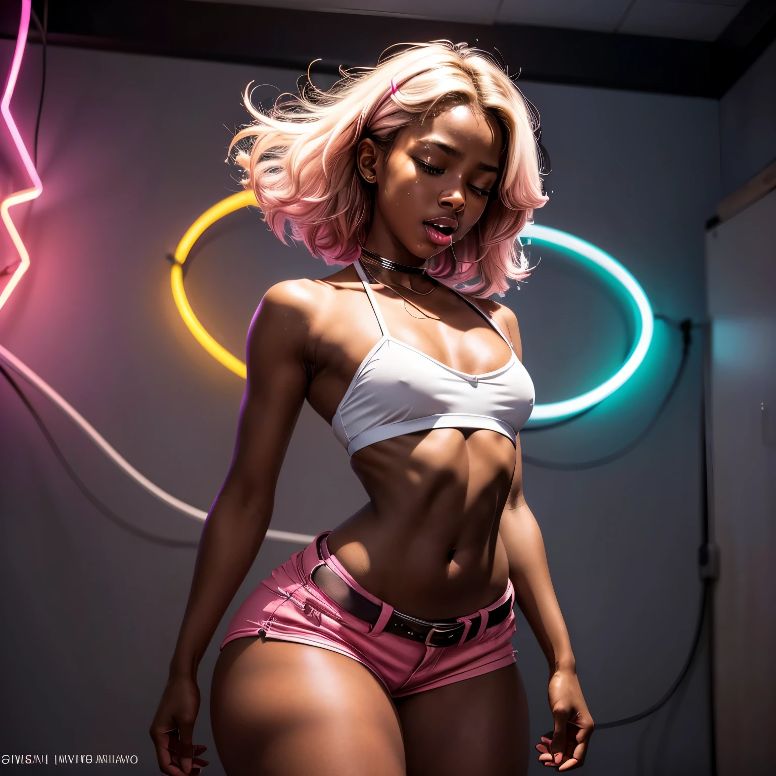 in classroom, (18 years old), (dark skin), dark skin, wide shot, blond hair, orgasm, (white bra, pink shorts with belt), (Masterpiece, Professional lighting, 16k, 8k wallpaper, raw photo, photorealistic:1.8, ultra detailed, natural lighting, detailed skin sexy pose, open mouth, big lips, night time, eyes closed, magic energy, neon light, orgasm, screaming, narrow shoulders, thick thighs, hands on head