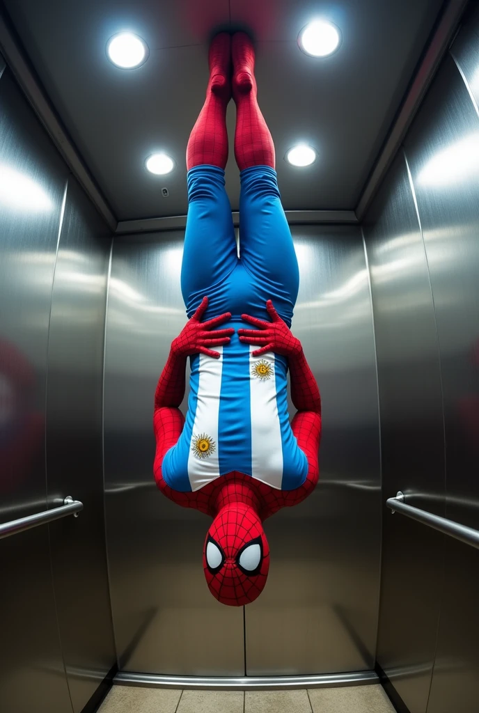 Photo of Spiderman wearing the Argentina team shirt taken with a Go Pro camera in an elevator posing
