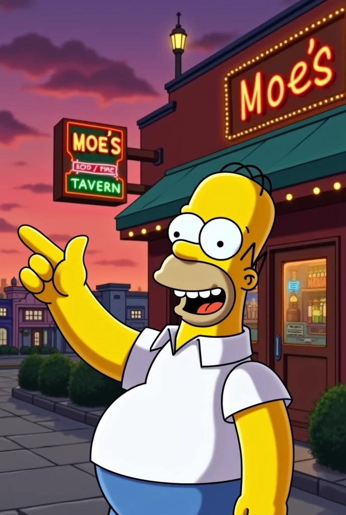 Homer Simpson pointing at Moe&#39;s bar