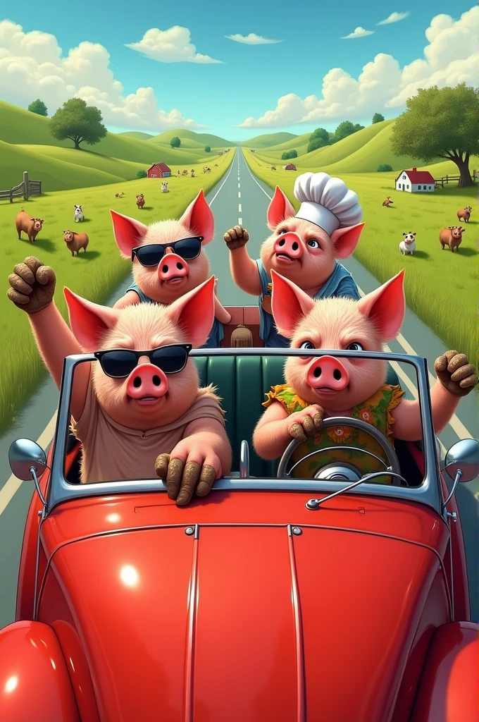 4 angry pigs driving a car
