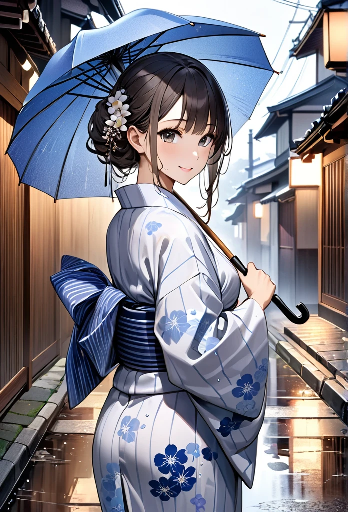 Ultra-realism、One person, High resolution, chest, Hair color: Greige、
background: Showa era Kyoto with its nostalgic streetscape、Puddles on the pavement after the rain、Reflecting street light, female figure: beautiful girl、Wearing a yukata、With a gentle smile、Looking back at me。Holding an umbrella、Her hair is wet from the rain and sticks to her body。