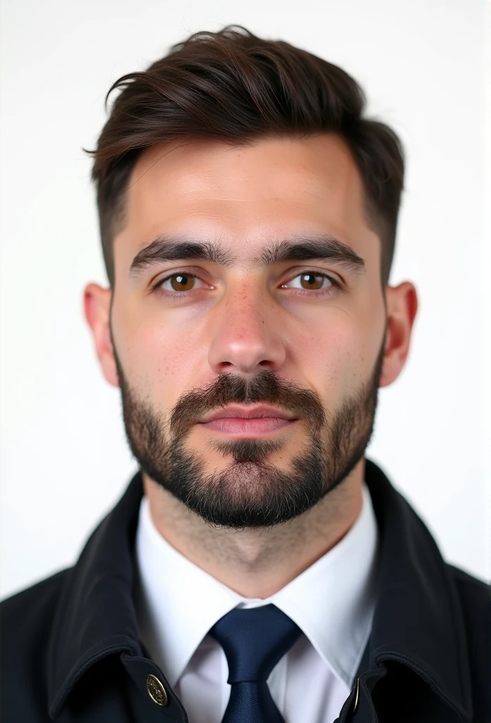 biometric photo passport, dark auburn hair, amateur real image, man, wearing a tie, white background, identity photo, turkish man, stubble covering skin, tie, jacket, hair bushy but slightly sparse short, normal weight, passport photo, facing straight into camera, no writing, white background, short hair, realistic details, hair very short