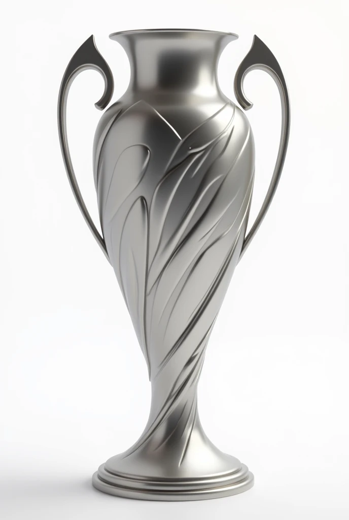 A silver trophy with no place to hold it, with abstract details and details in the middle of the trophy, with a solid foundation, that is not generic, being similar to the Europa League, but that does not have any visible logo, com fundo branco, a little smaller, and is not reflecting anything.