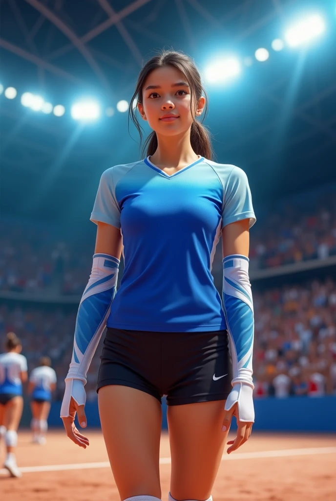 Make a picture of a realistic 20 year old Chilean girl, who wears a volleyball uniform with a light blue short-sleeved T-shirt,  that towards the center of the shirt degrades to royal blue and keeps the sleeves and end of the light blue shirt; with black shorts (similar to shorts), with short sleeves that cover from elbow to wrist and that are white and royal blue ( white from the elbow and halfway through it turns into royal blue); and white knee pads please