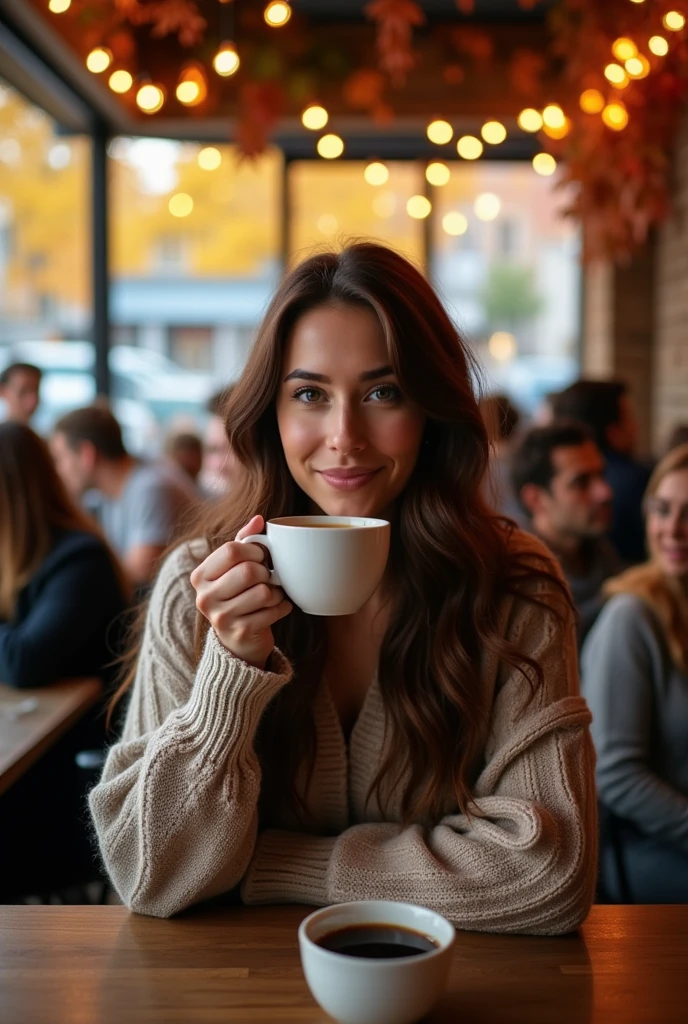 Make me a brown-eyed brunette woman who drinks coffee around people