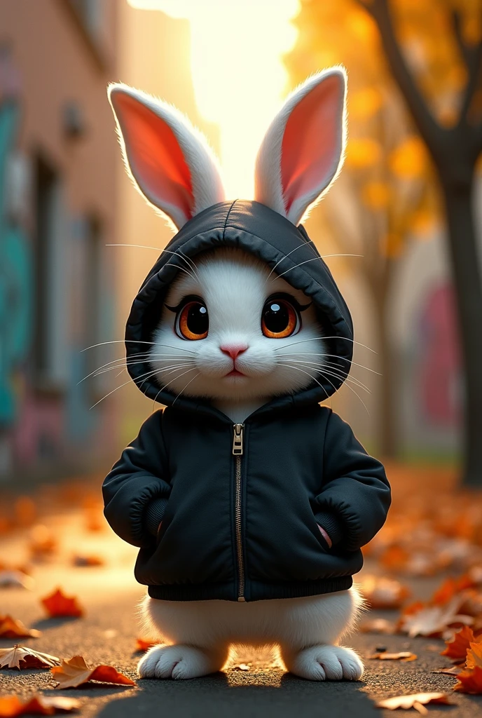 bunny with hood and black jacket