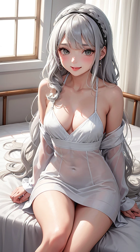 1Girl, Solo, Anime, Ideal body, (Cleavage, Small breast). Beautiful, Gorgeous, Fresh, Blunt Bangs, (White Grey Hair:1.5),(Straight and Wavy Long Hair:1.3), sleep robe, sleep dress, night dress, Off-Shoulder, Oversize , dress laced, Comfort, Loose dress, satin Texture. (Sit on bed:1.3). Earrings, Thin Black Headband, Green Accessories, Environmental Details, Bed Room, Natural Light, Modern Bed, Chair, Window, White Curtain, City View. pov, anime style, UHD, retina, masterpiece, accurate, anatomically correct, textured skin. High Resolution, Looking at viewer, Blush, Best Quality, Award Winning, Accurate, Embarrassed, seductive smile, sweating, Naughty Face, Naughty, Gradient Eye Color, Sexy Pose. Cowboy Shot, licking lips, high class. 