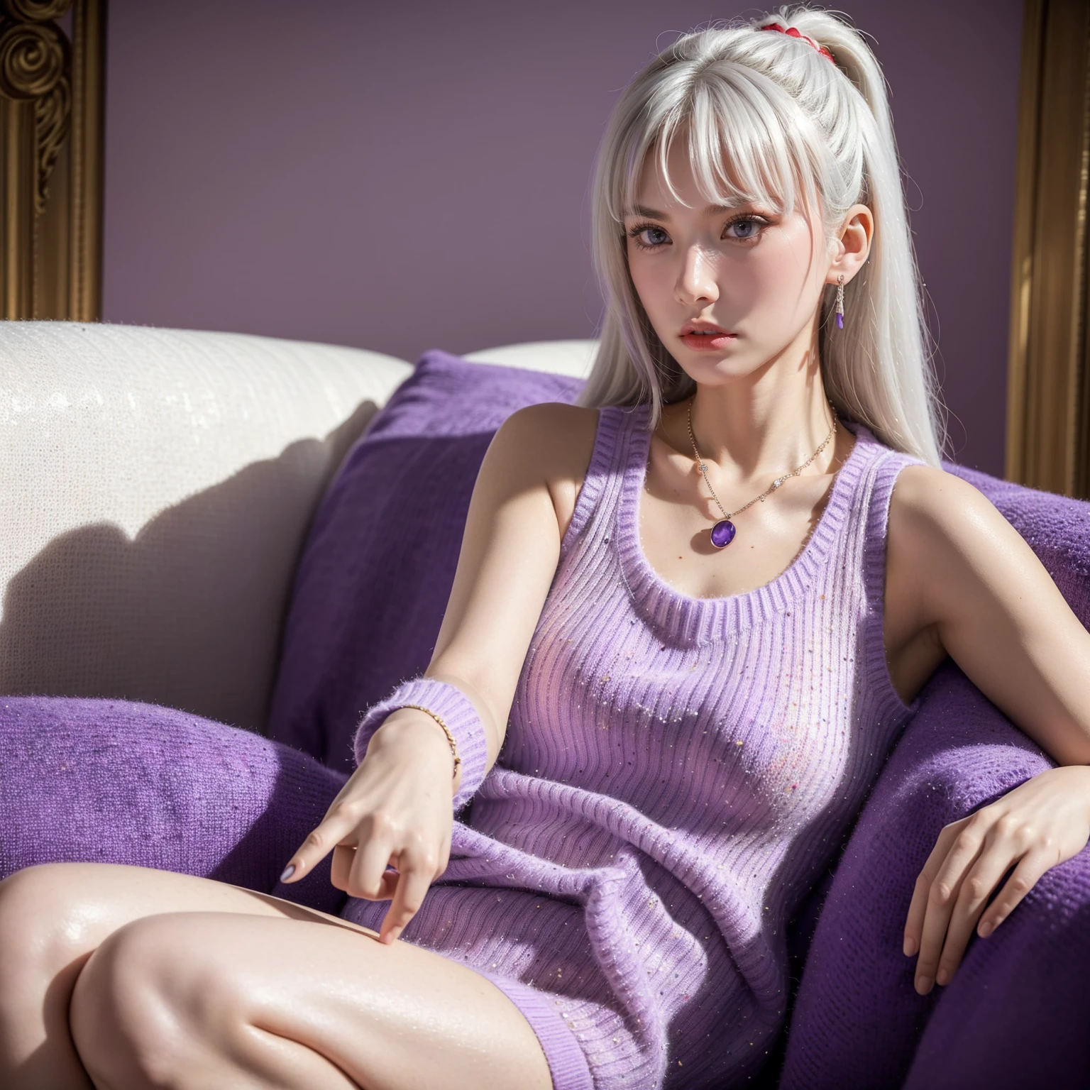 ((best quality)), ((masterpiece)), ((best quality)), ((masterpiece)), ((detailed)), Ridiculous resolution, high resolution, (masterpiece:1.4), Hyper-detailing, a woman. European. she is 18 years old. She has white hair. She has bangs in her hair. She is blushing. Red lipstick. Freckles. ((Purple Sleeveless sweater)). Sofa. Necklace. White hair.