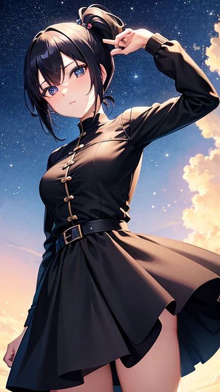 Anime Style,beautiful girl,looking at the camera,Look down here,From below,Expressionless,Odd Eye,Closed mouth expression,Side Ponytail,short hair,(Asymmetrical Hair),Black Hair,Starry Sky,night,Fantasy World,Black thief armor,Thief's Dagger,Cold look,Cool Beauty,On the roof,In combat,Masked,Skull tattoo on thigh,Thin waist,Drawing a weapon,whole body,middle ages,Different world,magic,(Accentuate your cleavage),leather armor,Thief armor with gold decoration,Black hooded cloak,(Pussyの割れ目),((Tight-fitting outfits)),(Belly button exposed),Gloss,naked,tits,Pussy,White skin,Jump,Confused face,(Blushing),Detailed depiction 4k,((Top quality)),Hold the sword backwards