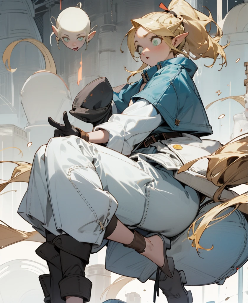  Pop Color，（whole body，blonde）long blonde hair，High knot ponytail， Long-sleeved jacket,White top，Elbow-length gloves、Long Hard Boots，whole body，