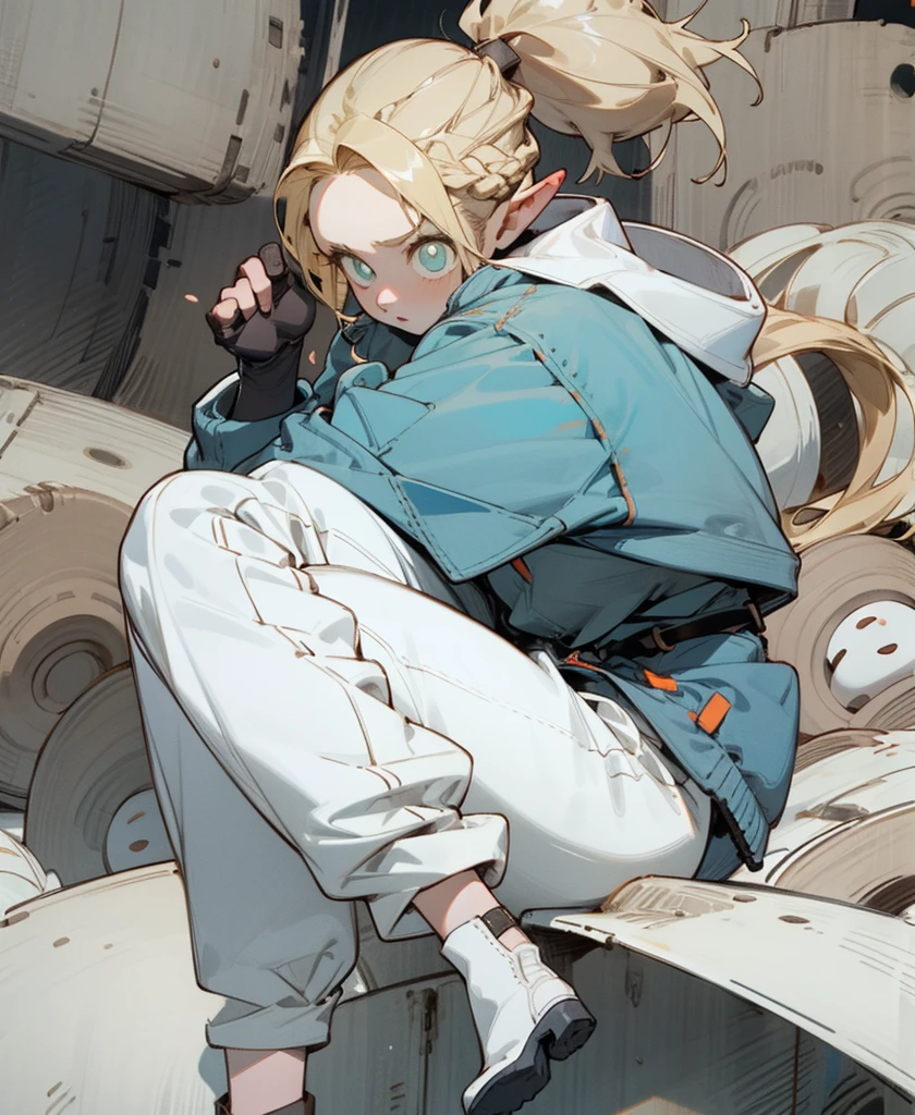 Pop Color,(whole body,blonde)long blonde hair,High knot ponytail, Long-sleeved jacket,White top,Elbow-length gloves、Long Hard Boots,whole body,