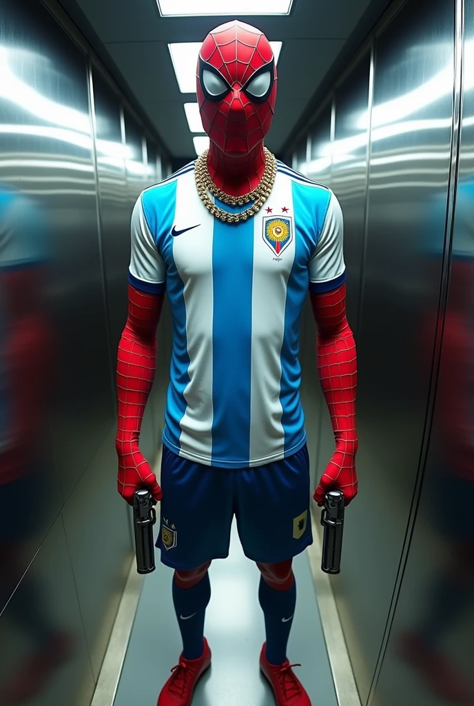 Photo of Spiderman wearing the Argentina team shirt taken with a Go Pro camera in an elevator with a gold chain and two pistols 
