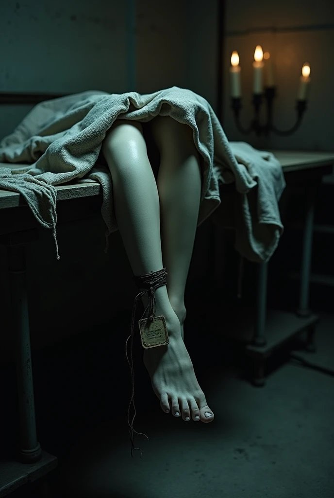 A gothic dead pair of legs out of cover, a tag tied with thread by his toe, in  a morgue, in dark