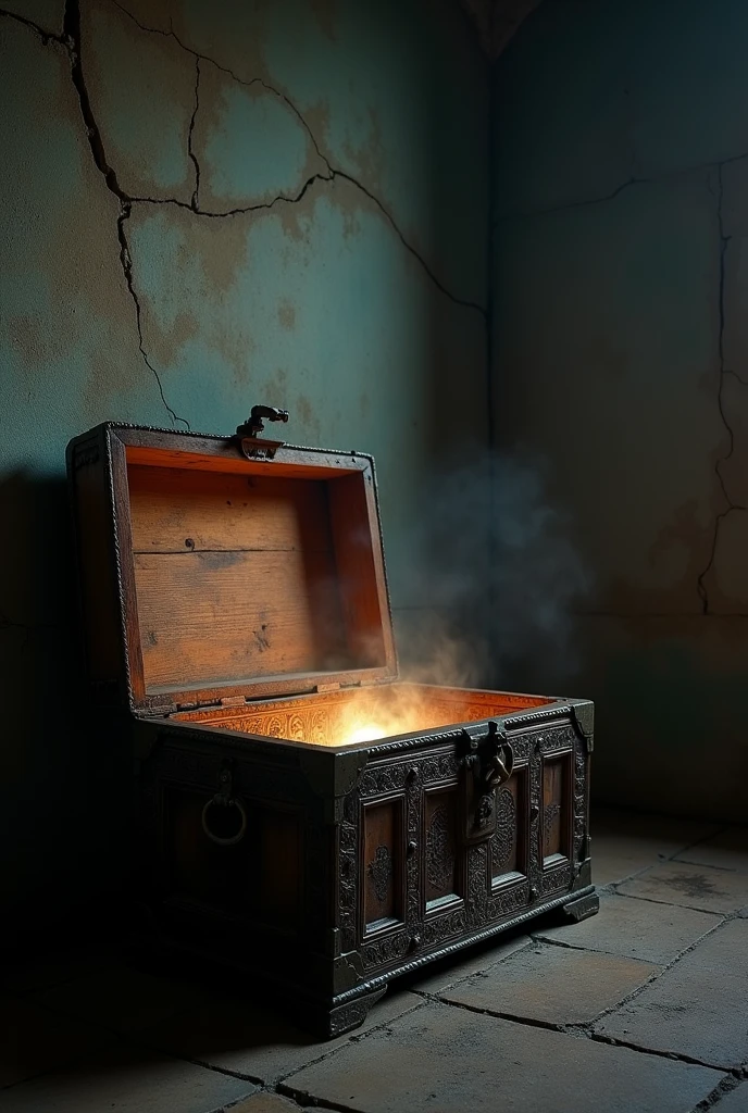 [Scene 4: The Old Chest Opening on Its Own]
Prompt: An old, wooden chest creaking open on its own in the middle of the haveli’s dark room. Inside, a faint glow can be seen, with a mysterious object barely visible. Farhan is startled, ready to run, while Ahmed looks determined to discover what’s inside.