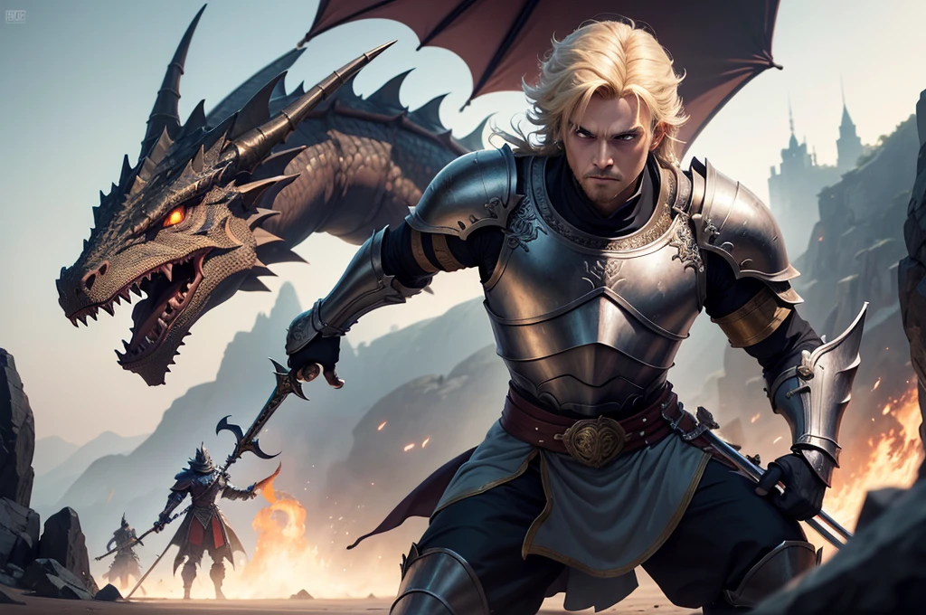 a close-up of a poster of a dragon with a sword, arte de video game cover, video game cover art, d&d vibe, board game cover art, Arte de RPG, dnd cover art, 1993 video game cover, videogame art, video game box art, 1992 video game concept art, video game cover, d&arte d, knight looking straight ahead segurando espada longa, holding the sword with both hands, lightweight armour, without a helmet, blond man, stark, fully body, battle pose, GIANT DRAGON, look of a dragon in the background, looking straight ahead, dragon head in hyper detailed background, dragon showing only its powerful gaze, olhos do dragão looking straight ahead, Conceptual art portrait with 4k resolution, absurd resolution