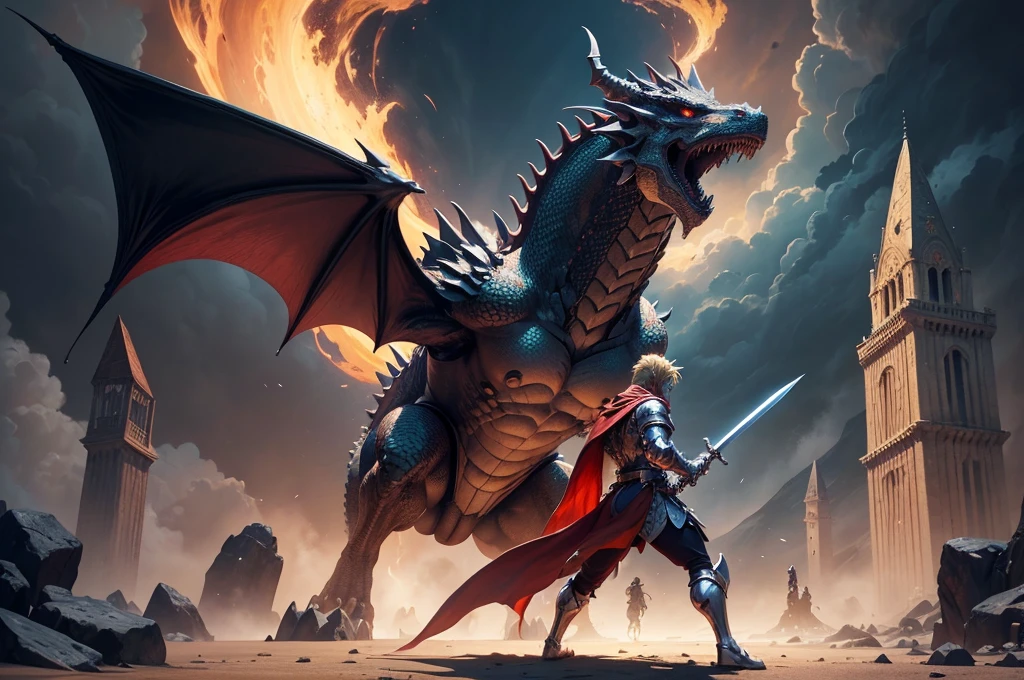 a close-up of a poster of a dragon with a sword, arte de video game cover, video game cover art, d&d vibe, board game cover art, Arte de RPG, dnd cover art, 1993 video game cover, videogame art, video game box art, 1992 video game concept art, video game cover, d&arte d, knight looking straight ahead segurando espada longa, holding the sword with both hands, lightweight armour, without a helmet, blond man, stark, fully body, battle pose, GIANT DRAGON, look of a dragon in the background, looking straight ahead, dragon head in hyper detailed background, dragon showing only its powerful gaze, olhos do dragão looking straight ahead, Conceptual art portrait with 4k resolution, absurd resolution